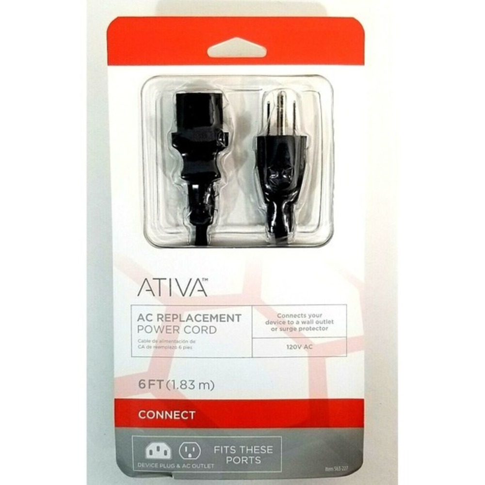 Ativa Universal AC Replacement Power‎ Cord, 6' NEW